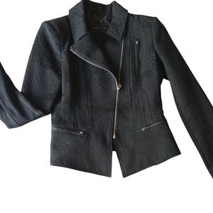 BCBG MAXAZRIA 2012 Fitted Jacquard "Boe" Multi-Zippered Peplum Black Moto Jacket